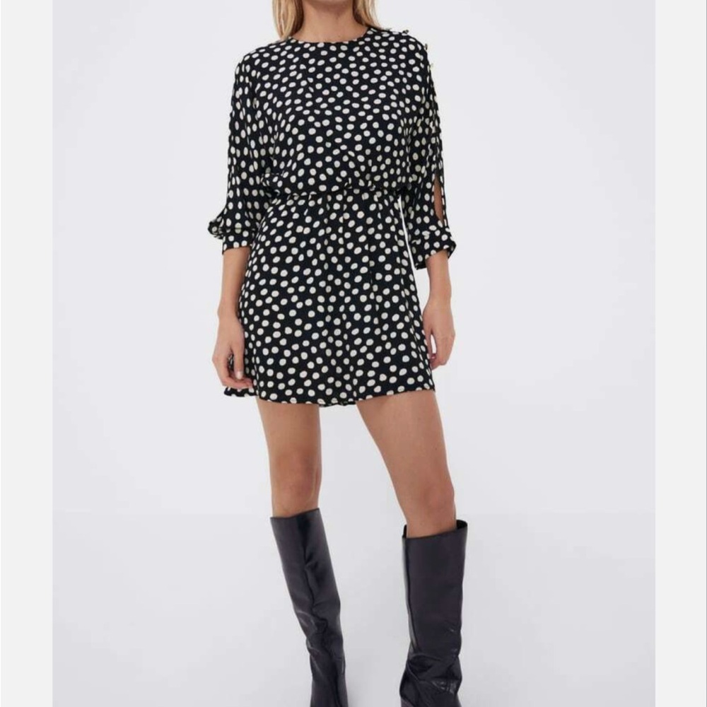 NWT Zara Black Dress with Polka Dots and Gold Accents